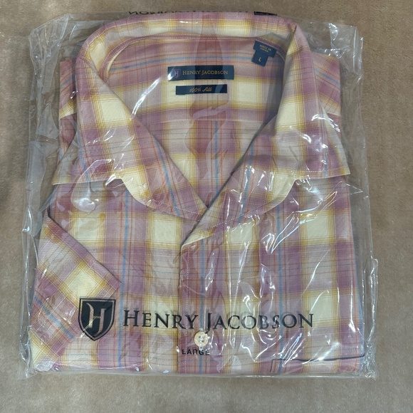 New Henry Jacobson, size L, 100% silk short sleeve shirt, 1-piece collar - Picture 2 of 4